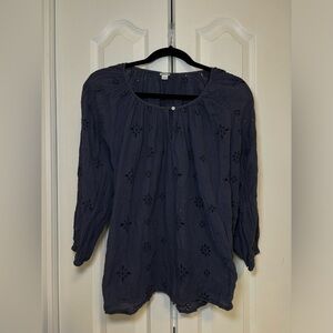 Aerie - Preppy Back to School Navy Dark Blue Eyelet Long Sleeve Blouse in Size S